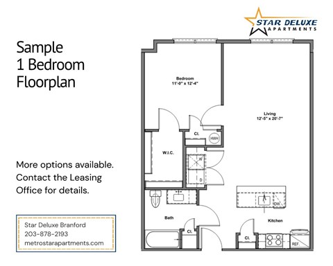 A floor plan for a 1 bedroom apartment is shown for Star Deluxe Apartments.